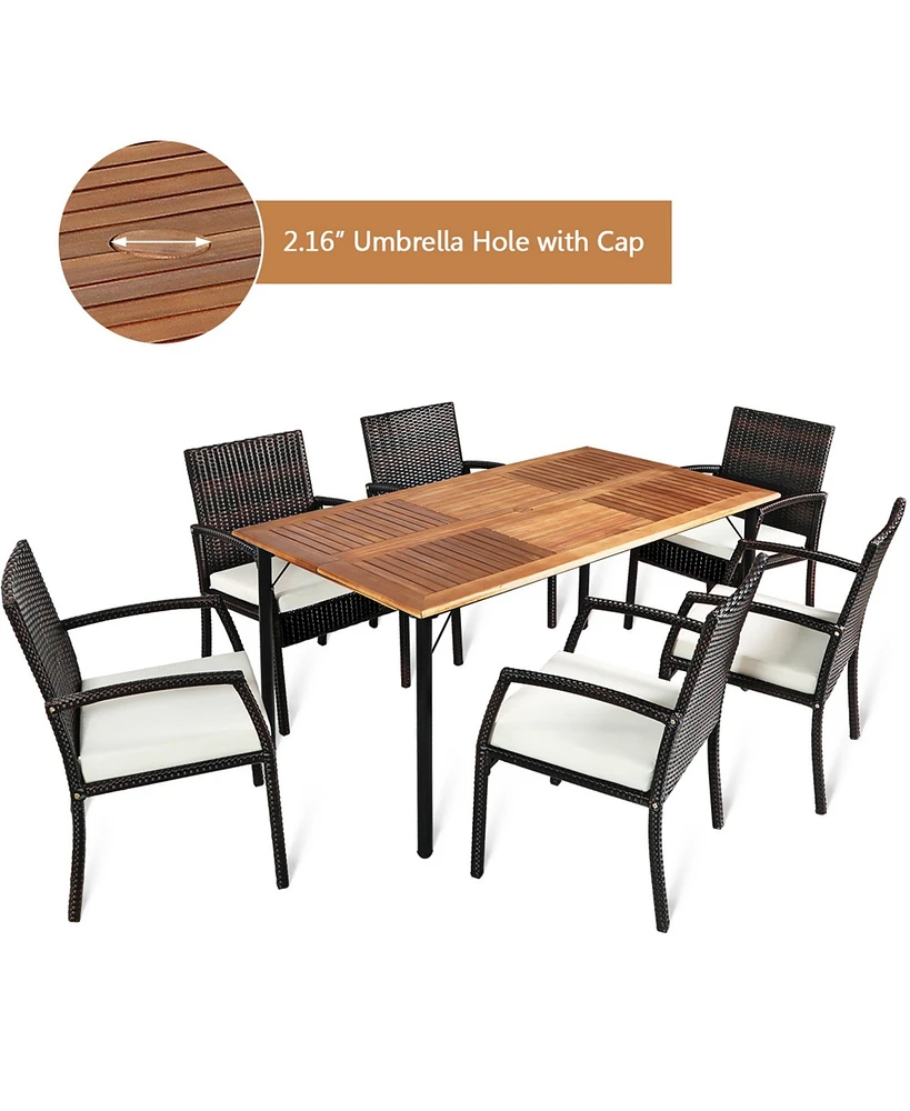 Gymax 7PCS Patio Dining Furniture Set w/ Wooden Tabletop Cushion Umbrella Hole