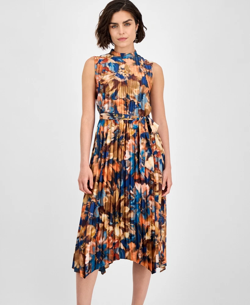 Tahari Asl Women's Printed Pleated Sleeveless Midi Dress
