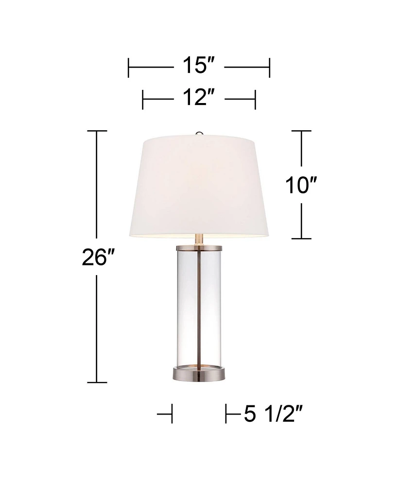 Modern Coastal Style Table Lamps 26" High Set of 2 Fillable Clear Glass Steel Metal White Empire Fabric Shade for Living Room Bedroom Beach House