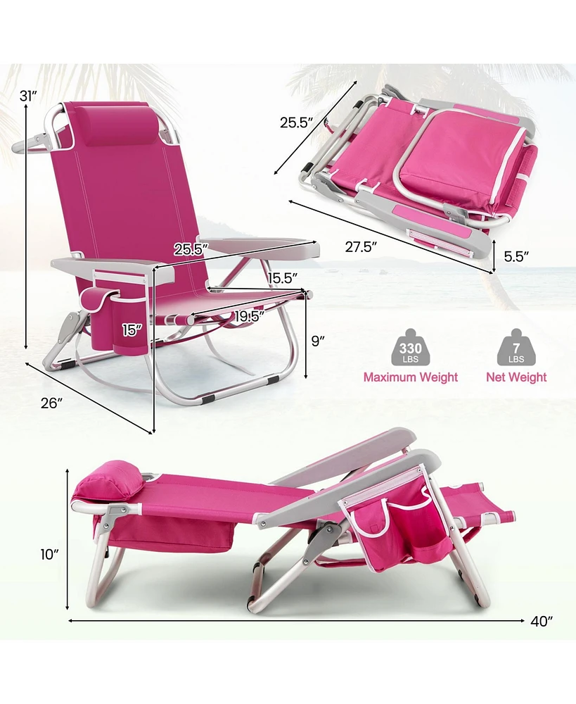 1 Piece Foldable Backpack Beach Chair with Cup Holder and Storage Pockets for Outdoor