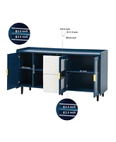 Modern Kitchen Pantry Storage Cabinet, 55" Coffee Bar Storage Cabinet with 2 Drawers, 2 Open Storage Compartment & 2 Glass Doors