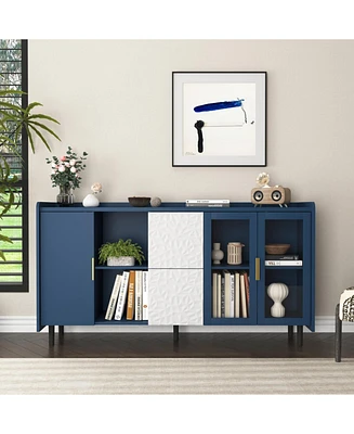 Modern Kitchen Pantry Storage Cabinet, 55" Coffee Bar Storage Cabinet with 2 Drawers, 2 Open Storage Compartment & 2 Glass Doors