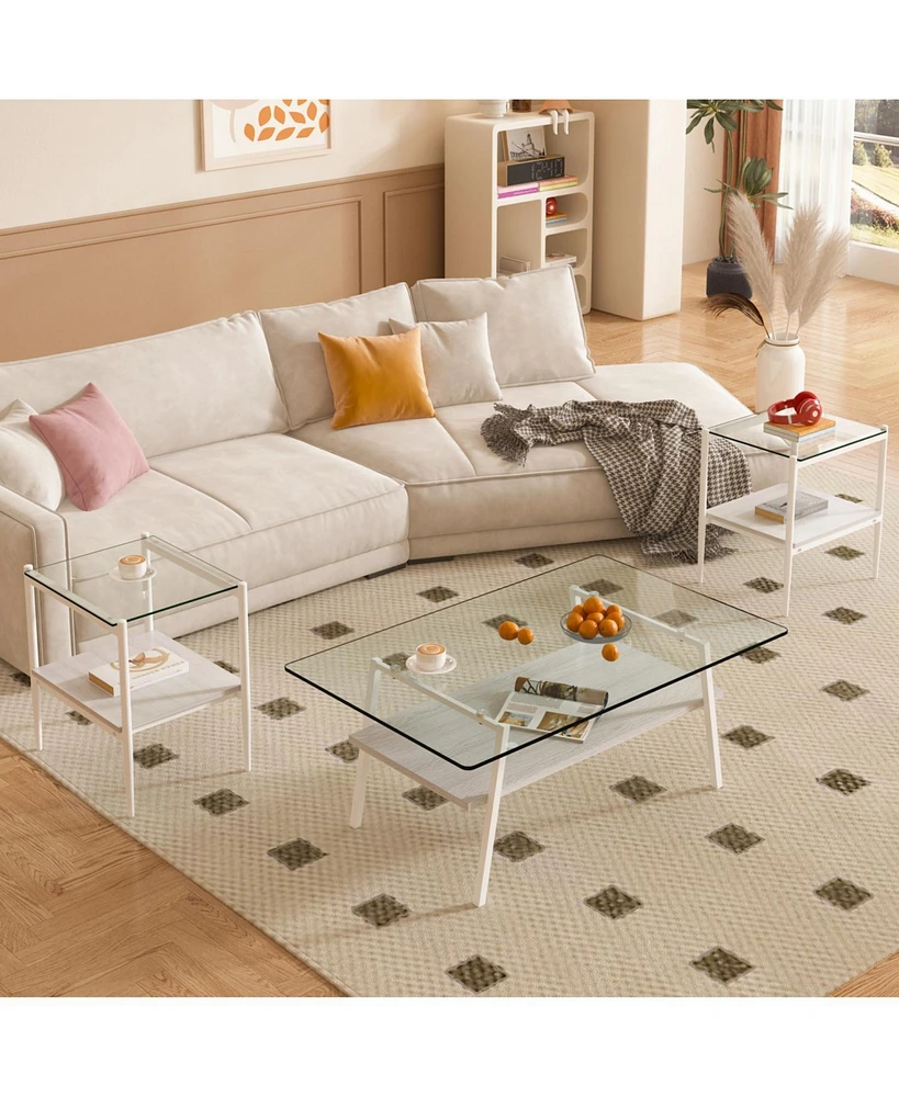 Coffee Table and End tables Set of 3, Tempered Glass Table with Mdf layer, Modern Tables for Living Room