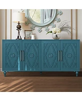 Navy Blue Storage Cabinet with Carved Doors & Adjustable Shelves