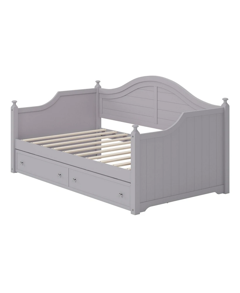Twin Size Wood Daybed with 2 Storage Drawers, Wooden Sofa Bed with Handrail for Living Room Bedroom, Light Grey