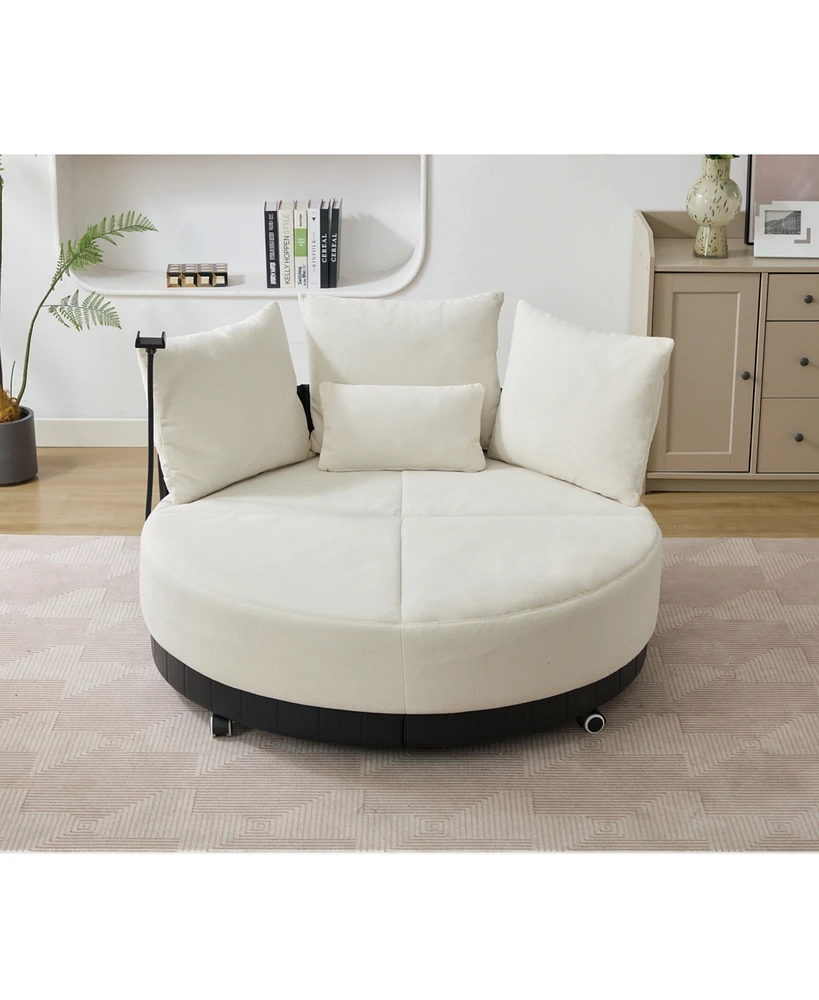 Oversized Swivel Chair: 360 Rotation, Adjustable Phone Stand, Polyester, Beige