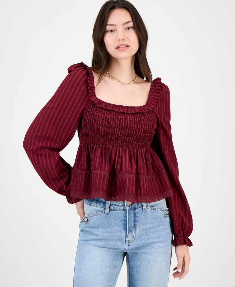 Topson Downs Juniors' Smocked Ruffle-Trim Babydoll Top