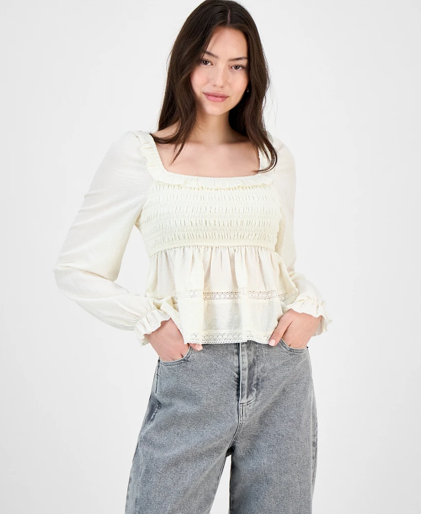 Topson Downs Juniors' Smocked Ruffle-Trim Babydoll Top