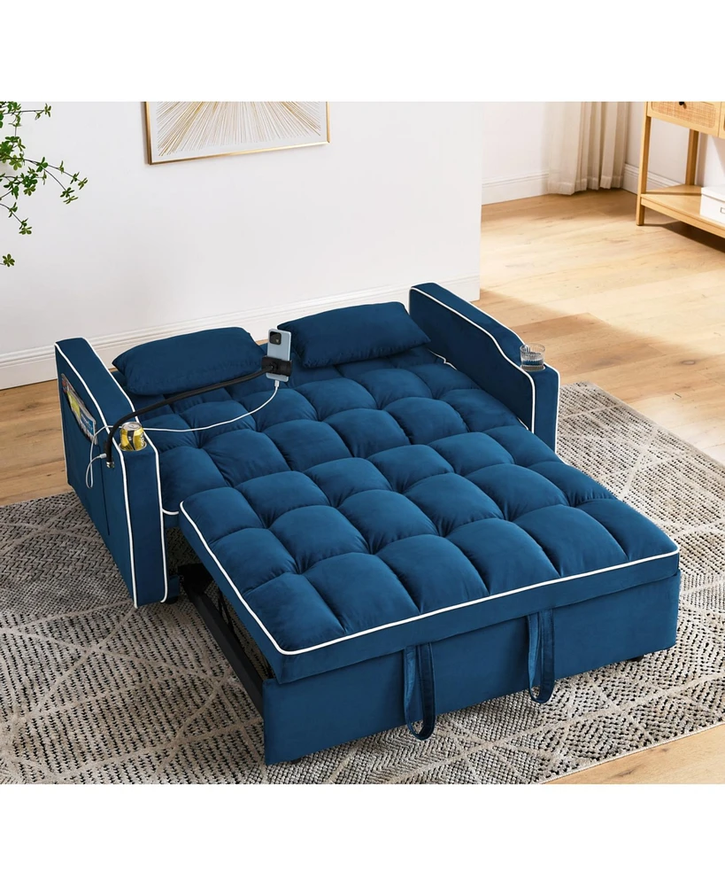 55.51 inch versatile foldable sofa bed in 3 lengths, modern sofa sofa sofa velvet pull-out bed, adjustable back and with Usb port and ashtray and swiv
