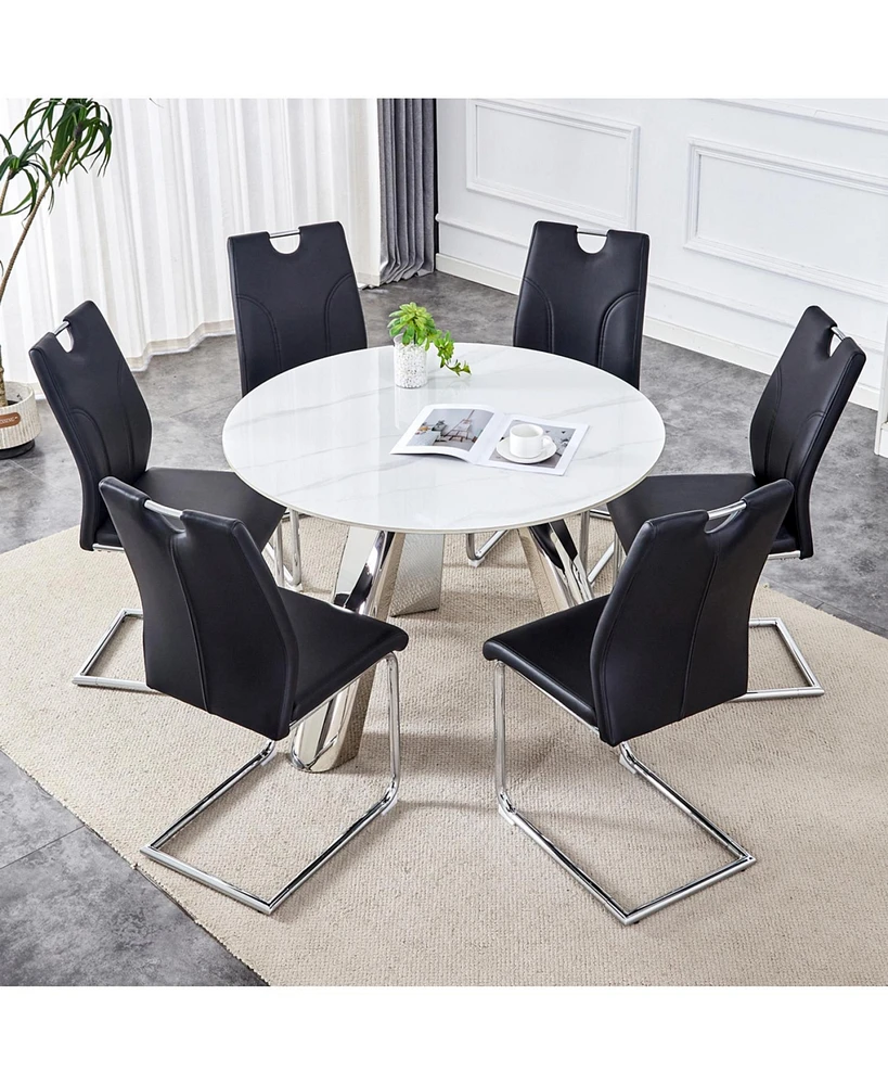Stylish 42" Round Table & 6 Black Dining Chairs with Metal Legs