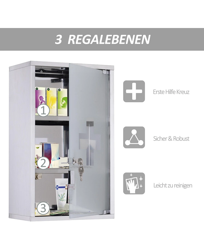 Wall Mounted Medicine Cabinet, Locking Wall Cabinet with 3 Tier Shelves, Stainless Steel Frame and Glass Door, Lockable with 2 Keys, Silver, 12"