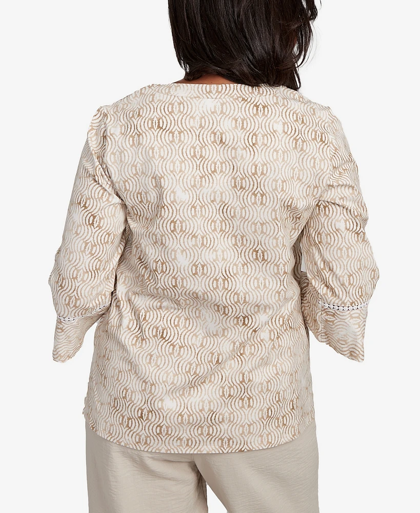 Alfred Dunner Petite Copper Canyon Printed Floral Bell Sleeve Embroidered Top
