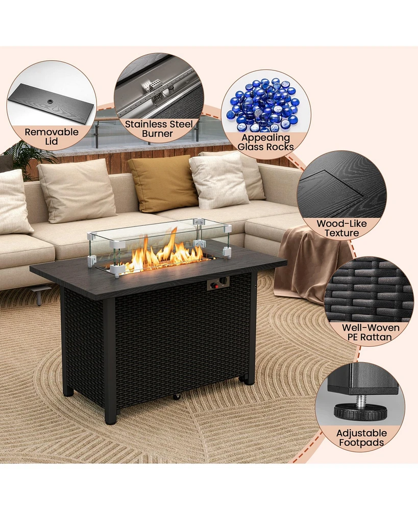 50000 Btu 2 Inch ropane Gas Fire Pit Table with Wind Guard and Glass Rocks