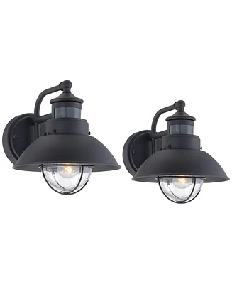 Oberlin Rustic Industrial Farmhouse Outdoor Barn Light Fixtures Set of 2 Black Dusk to Dawn Motion Sensor 9" Clear Seedy Glass for Exterior Deck