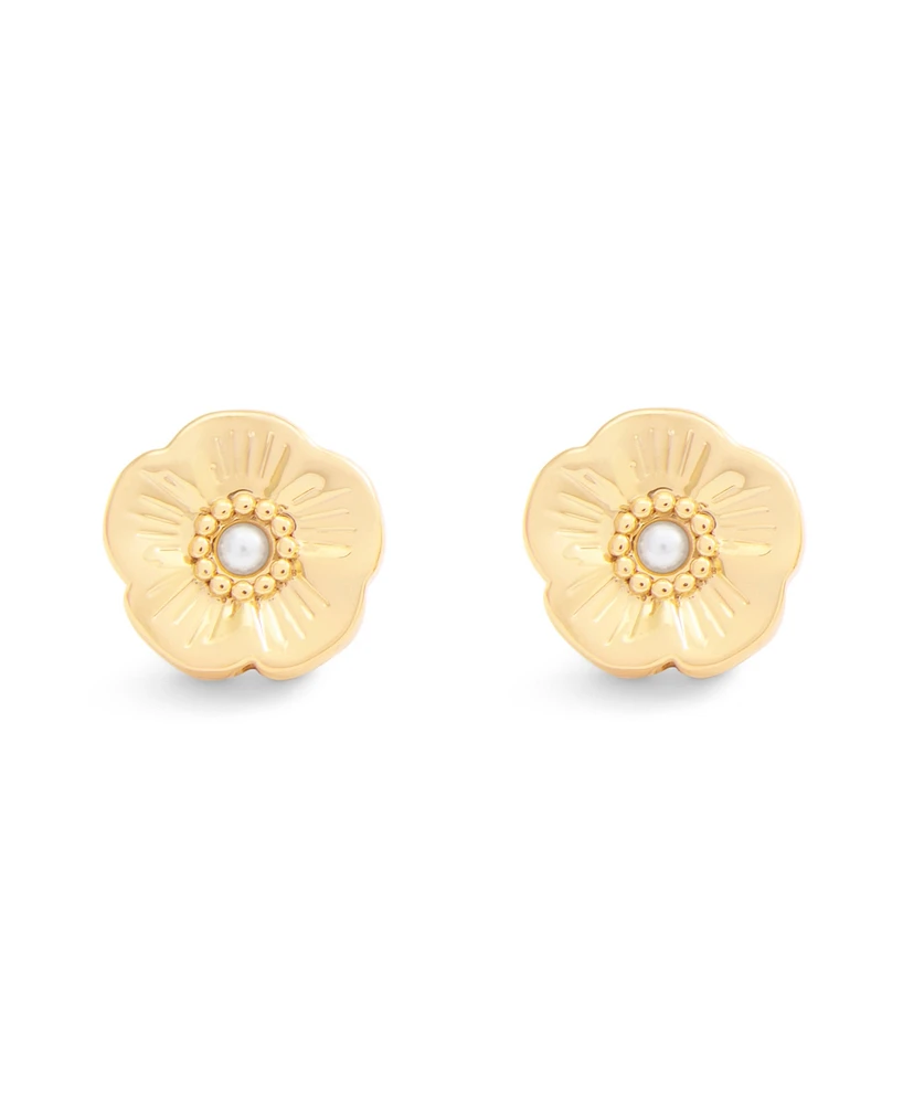 Coach Faux Cultivated Pearl Signature Heritage Tea Rose Stud Earrings