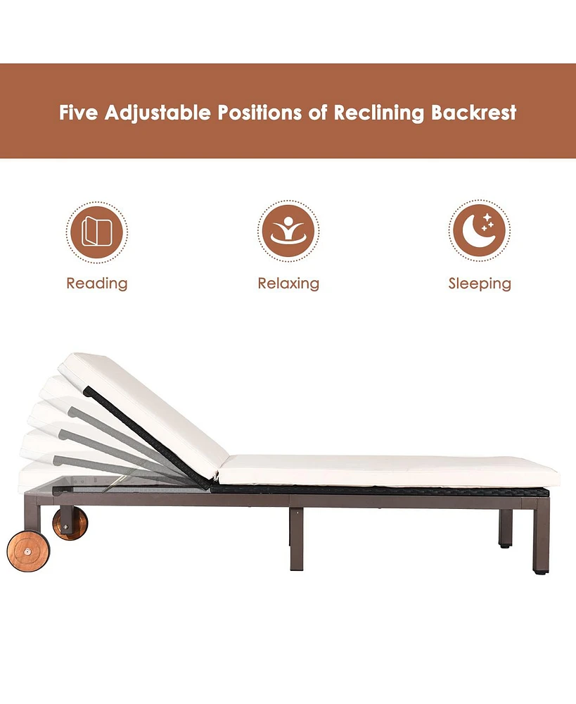 Gymax Patio Adjustable Rattan Recliner Chaise Lounge Chair w/ Cushion Wheels