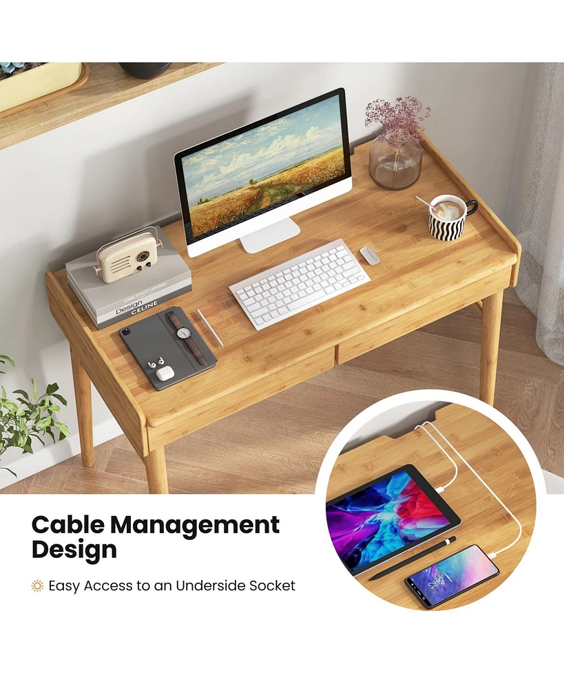 Bamboo Writing Desk with 2 Storage Drawers and Open Shelf