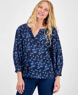 Style & Co Petite Printed V-Neck Raglan-Sleeve Blouse, Exclusively at Macy's