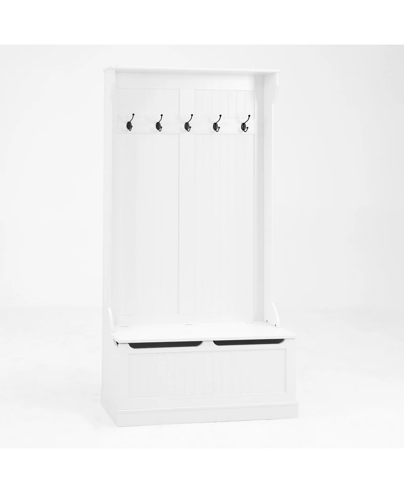 Entryway Bench with Coat Rack, Shoe Storage, & Hooks - White