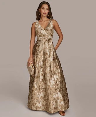 Donna Karan New York Women's Metallic-print Surplice Neck Gown