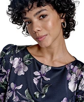 Jessica Howard Women's Petite Floral Print Short Sleeve Boat-neck Gown