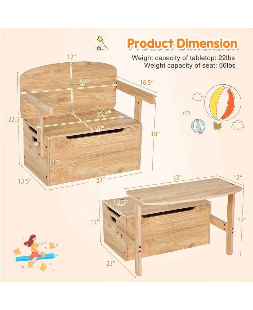 3-in-1 Kids Convertible Storage Bench Wood Activity Table and Chair Set