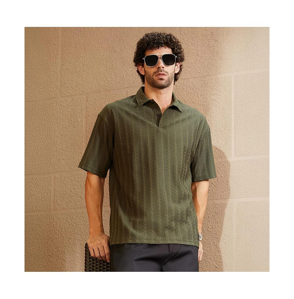 Campus Sutra Men's Army Green Spiralknot-Tactile Oversized Polo T-Shirt