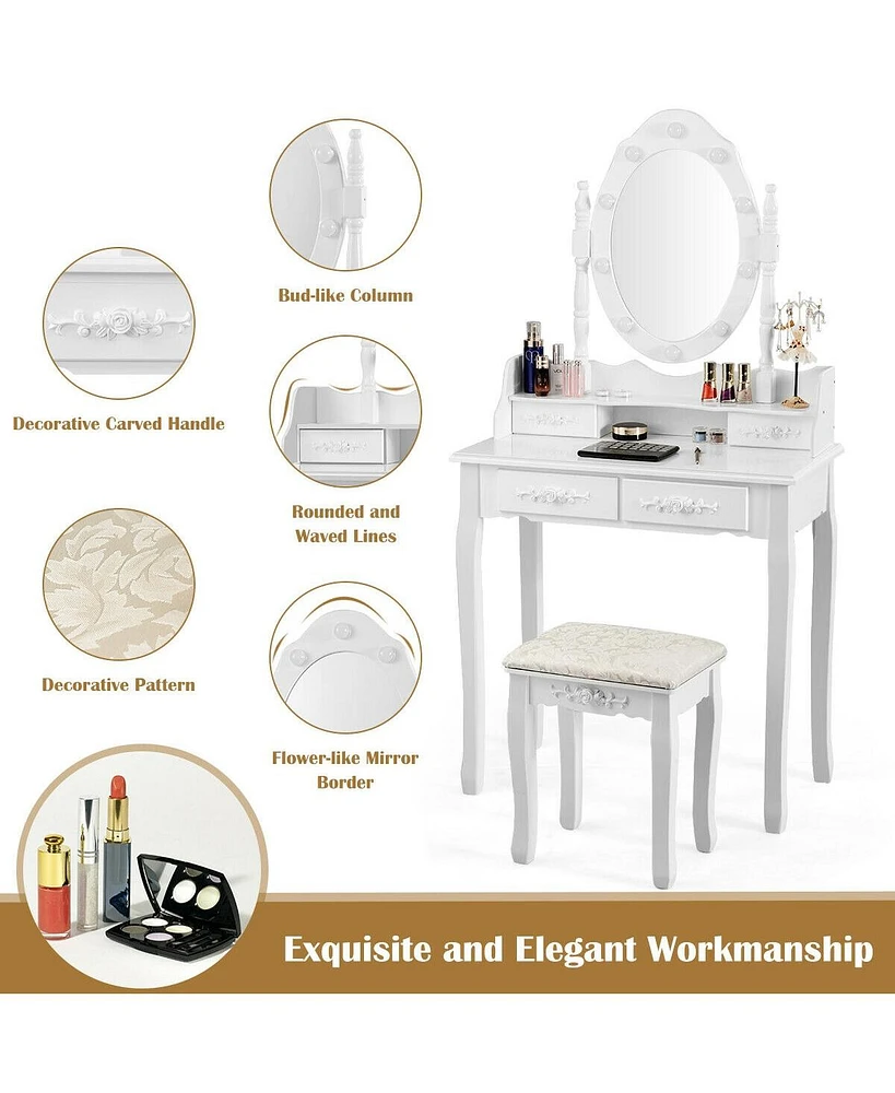 Makeup Vanity Dressing Table Set with Dimmable Bulbs Cushioned Stool
