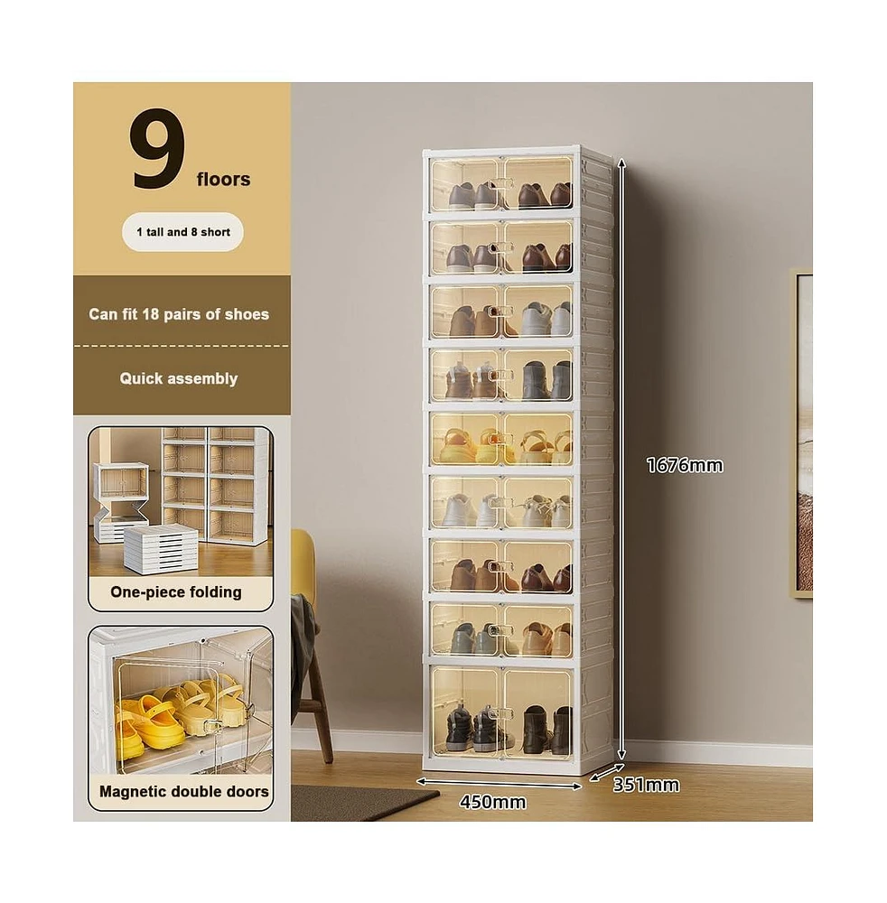 Shoe Organizer Storage Box, 18 Pairs Foldable Shoe Rack for Closet with Dustproof Doors, No Assembly Stackable Boot Shoes Boxes Cabinet Bins for Men a