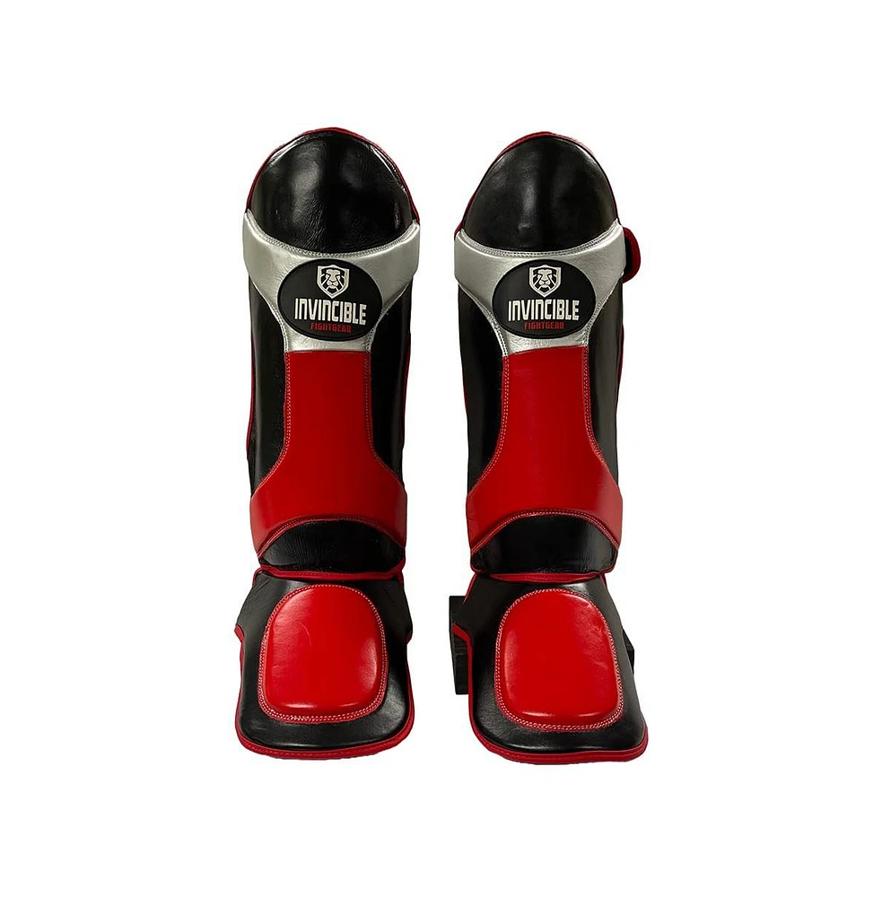 Invincible Shin & Instep - Premium Synthetic Leather Shin Guards for Muay Thai, Mma, Martial Arts Training & Sparring,Black/Red/Silver