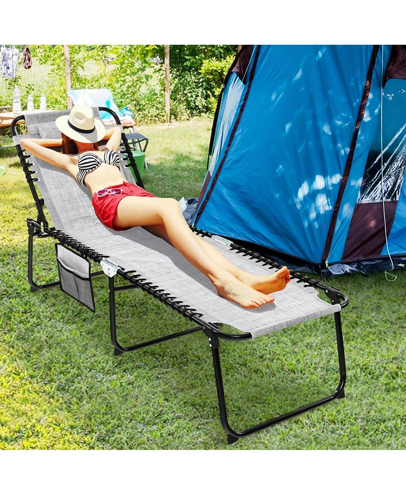Gymax Folding Chaise Lounge Portable Lay Flat Reclining Chair w/ 4-Level Backrest Side Pocket Gray