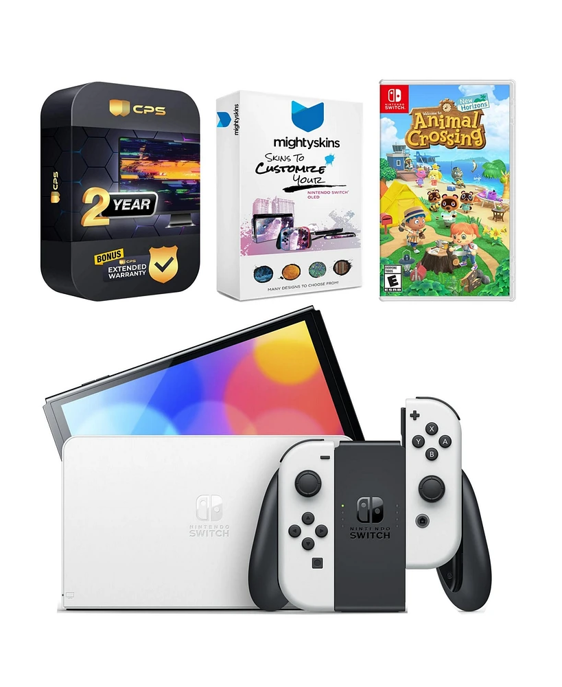 Nintendo Switch White Oled Console with Animal Crossing: New Horizons, MightySkins Console and Controller Skin Voucher, and 2 Year Cps Extended Warran
