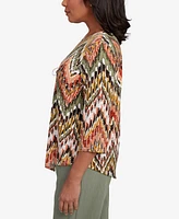Alfred Dunner Women's Copper Canyon Ikat Chevron Top with Necklace