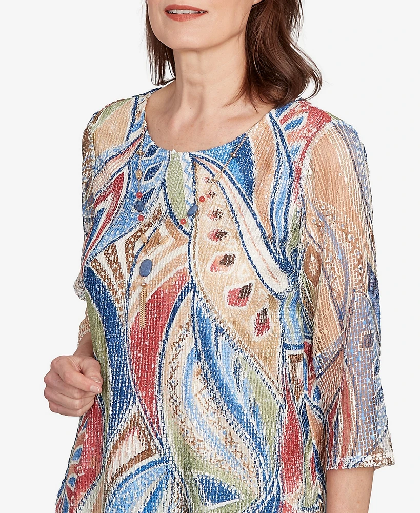 Alfred Dunner Women's El Paso Printed Leaf Textured Top with Necklace