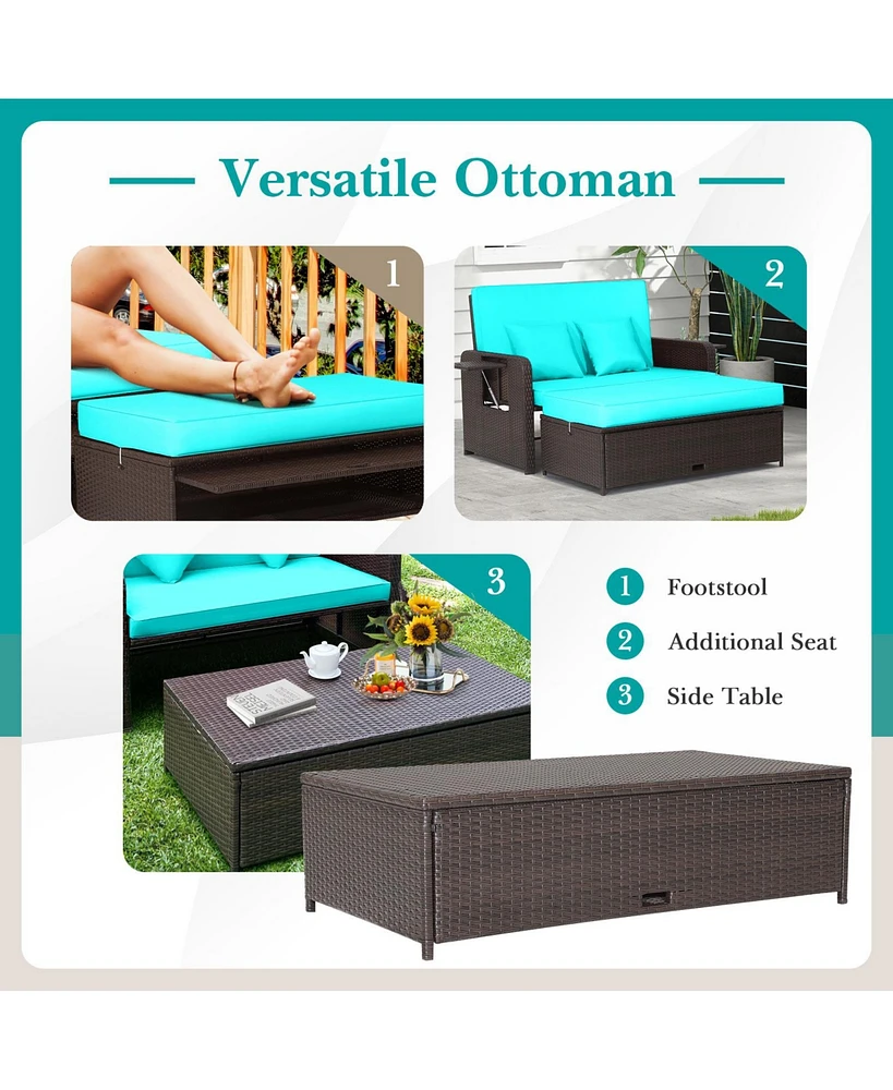 Gymax Rattan Loveseat Set Daybed Lounge w/ Storage Ottoman Side Tables Adjust Patio