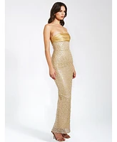 Miss Circle Women's Lainey Gold Satin Sequin Pearls Beaded Maxi Dress
