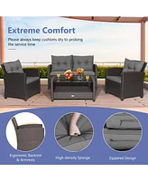 4 Pieces Patio Rattan Conversation Furniture Set with Glass Top Coffee Table