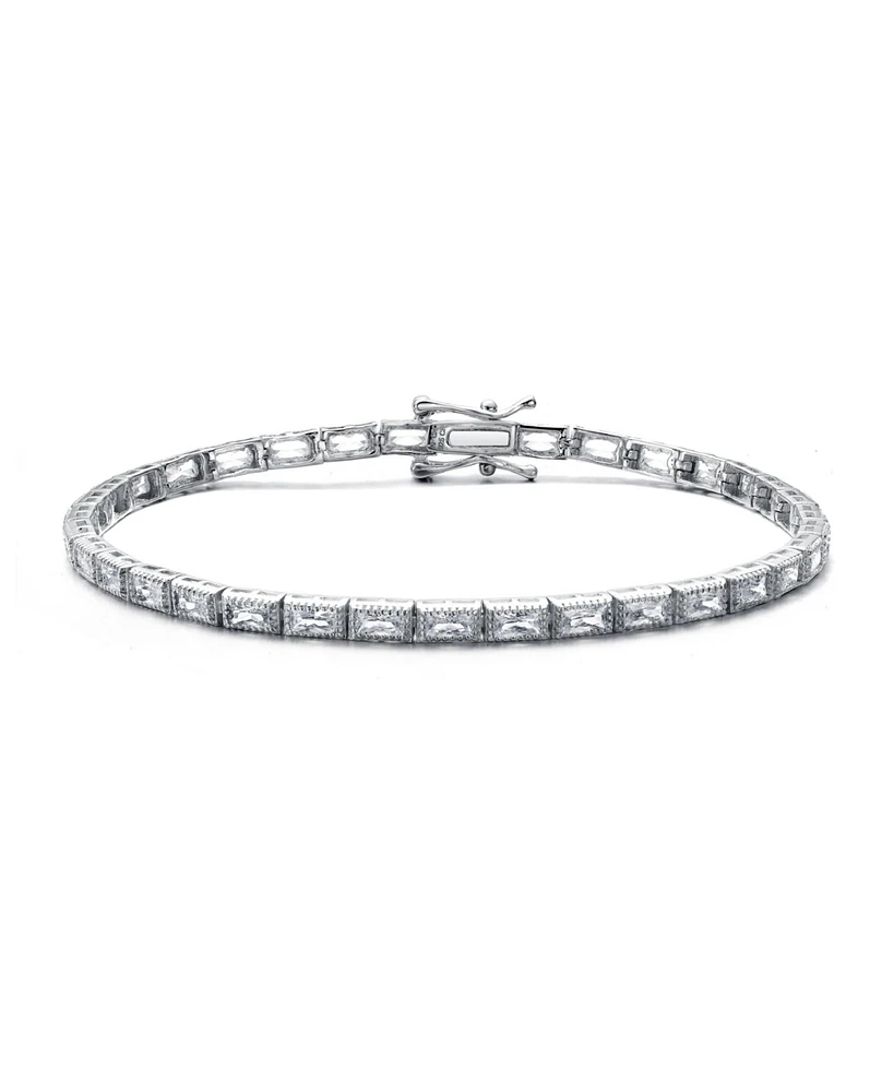 Sterling Silver White Gold Plating with Cubic Zirconia Vintage Milgrain Tennis Bracelet