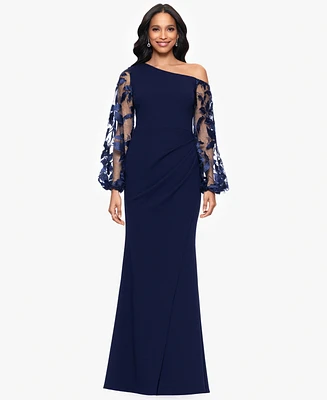 Betsy & Adam Petites Scuba Crepe Asymmetrical-Neck Long Dress