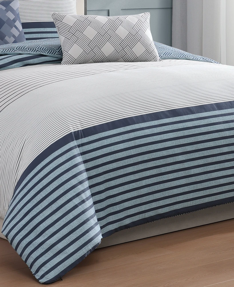 Bebejan Blue Geo Lines Bedding 100% Cotton Sateen 5 Piece Queen Size Reversible Comforter Set