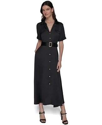 Karl Lagerfeld Paris Women's Belted Satin Shirtdress With Collared Neck