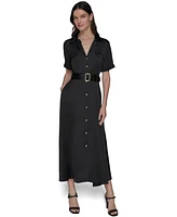 Karl Lagerfeld Paris Women's Belted Satin Shirtdress With Collared Neck