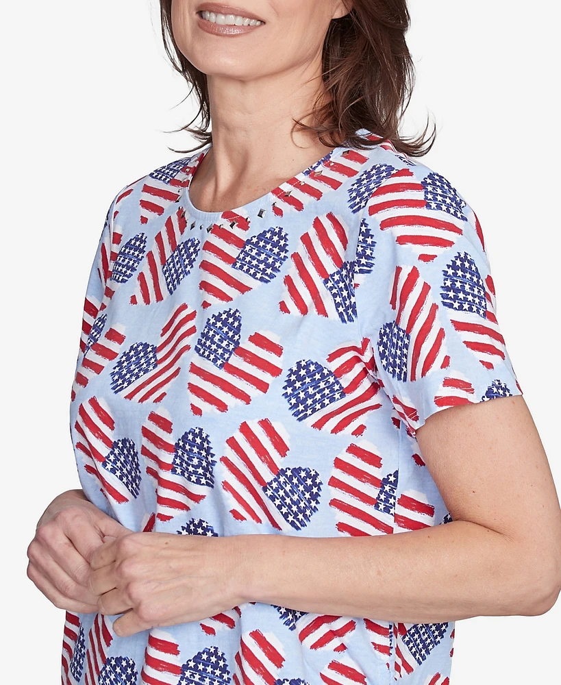 Alfred Dunner Petite Flag Heart Top with Side Ruching