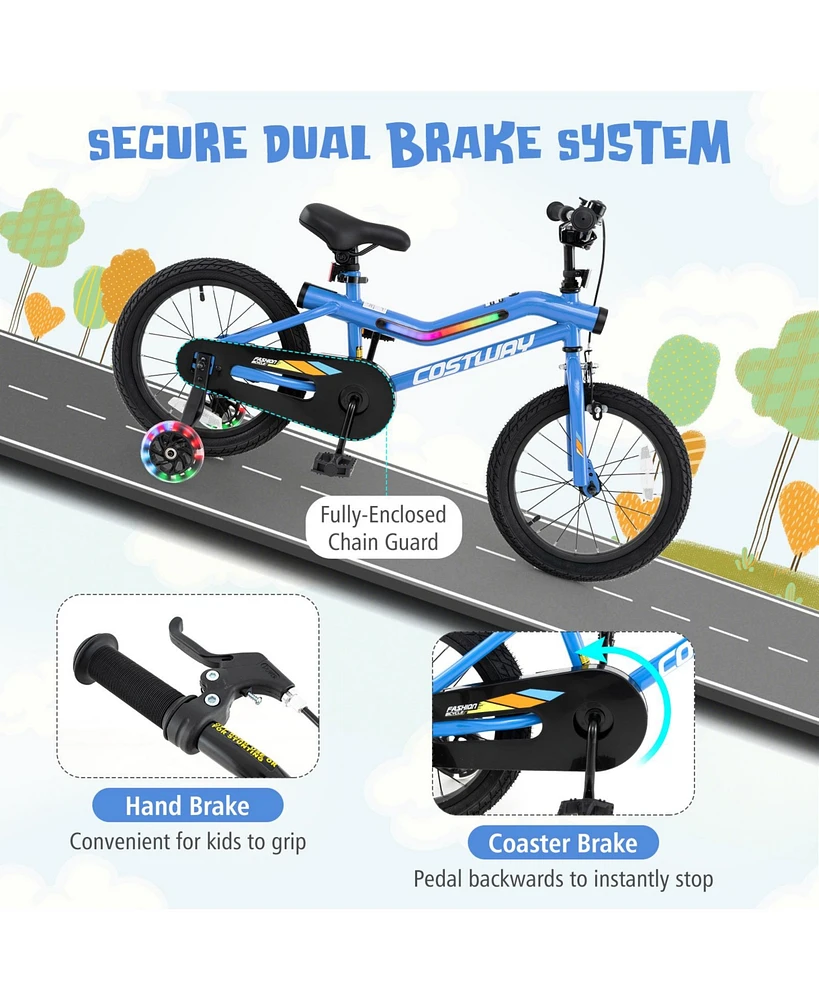 18 Inch Led Lighted Kids Bike with Training Wheels and Headlight for Ages 4-8 Years
