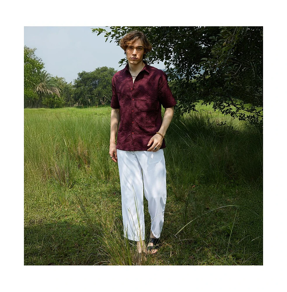 Campus Sutra Men's Wine Red Foliage-Tactile Shirt