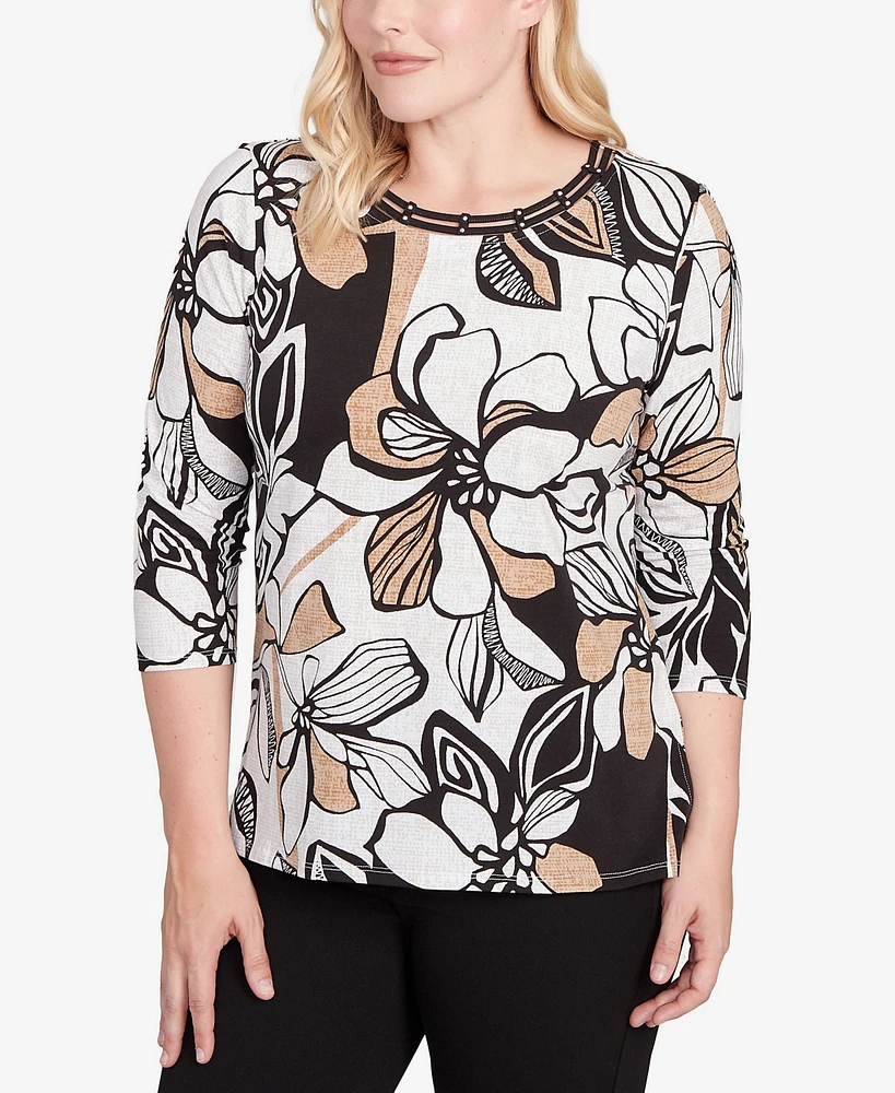 Alfred Dunner Women's Floral Leaf Embellished Top