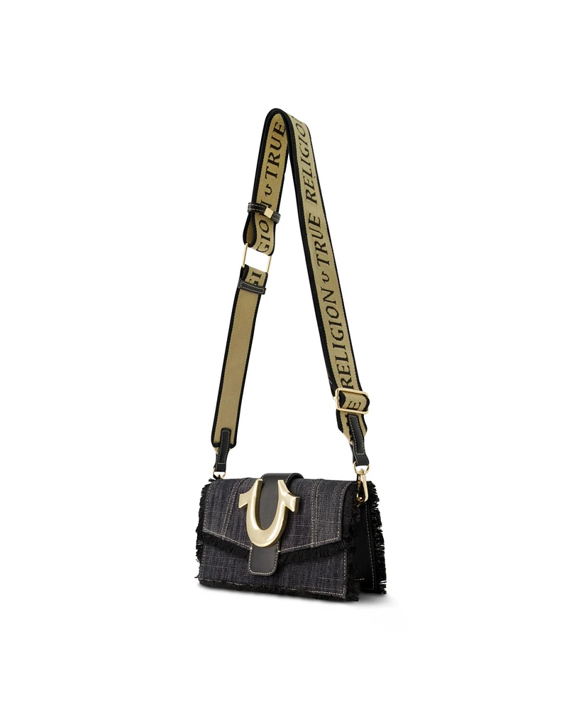 True Religion Frayed Denim Flap Bag with Logo Strap