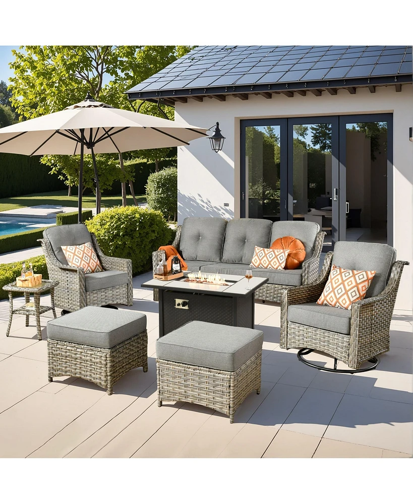 Xizzi 7 Piece Outdoor Patio Furniture with 42 inch Fire Pit,Swivel Rocking Chairs Coversation Set Comfy Sectional Sofa,Wicker Ottoman