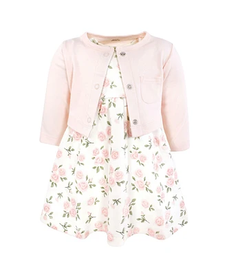 Hudson Baby Toddler Girls Cotton Dress and Cardigan Set, Soft Pink Sage Rose