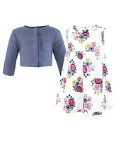 Hudson Baby Girls Cotton Dress and Cardigan Set, Blush Navy Floral